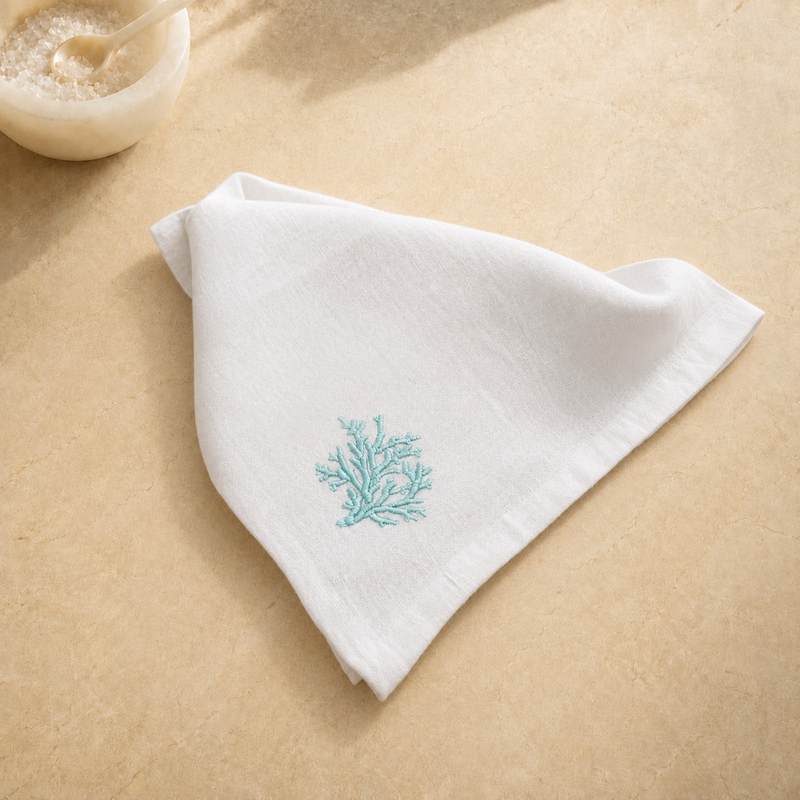 Servilletas de lino Toscana Aqua Coral en blanco roto – Juego de 4