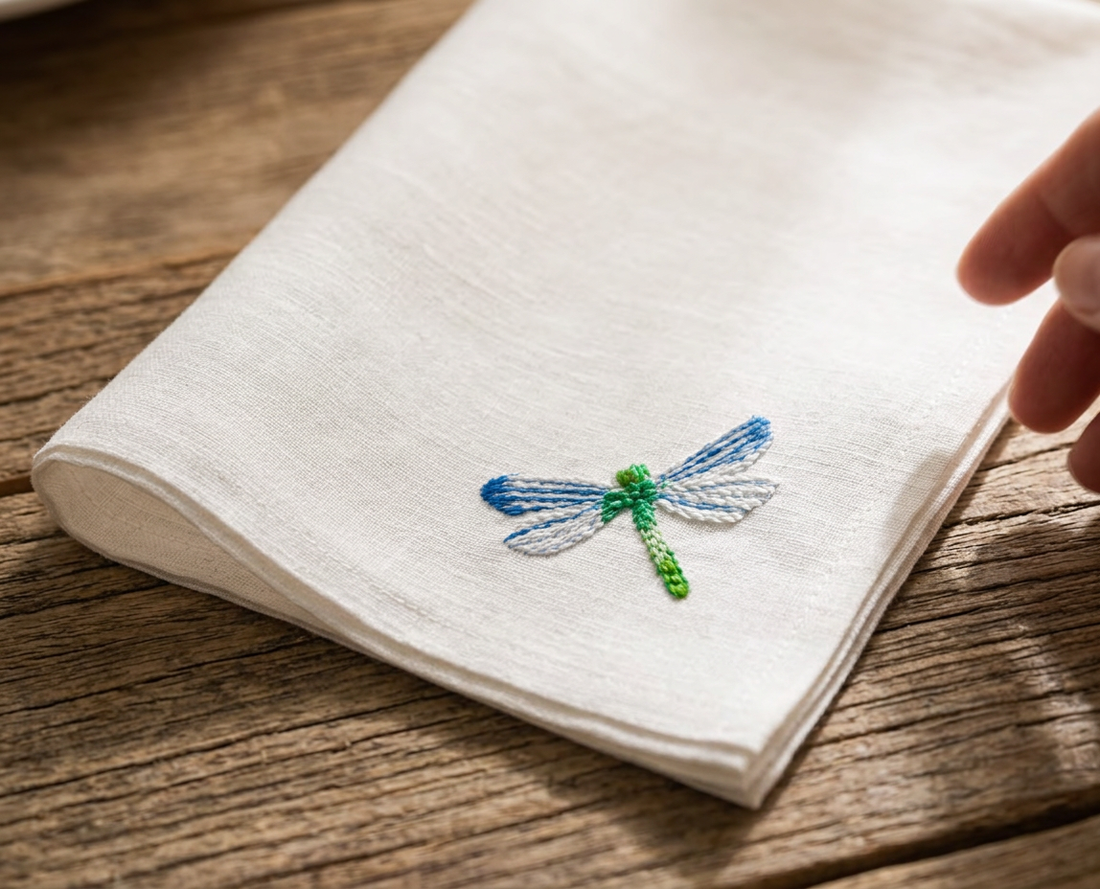 Hand folding a linen napkin embroidered with a dragonfly motif on a rustic wooden table — We Were Already Here | MI RE LA