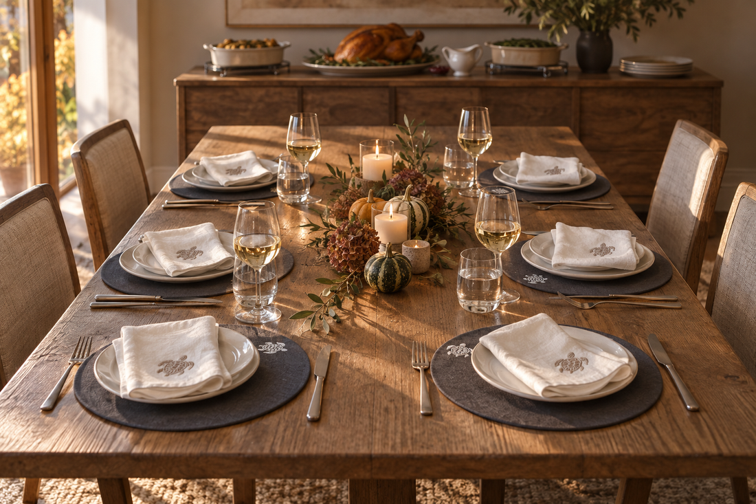 A dining table set for Thanksgiving with embroidered linen placemats and napkins, the serving dishes waiting on a sideboard behind it
