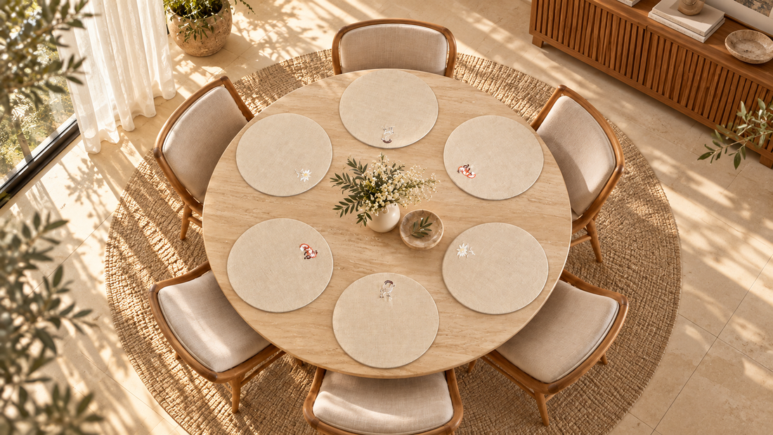 Six round embroidered linen placemats on a round wooden table, with the wood visible between the settings