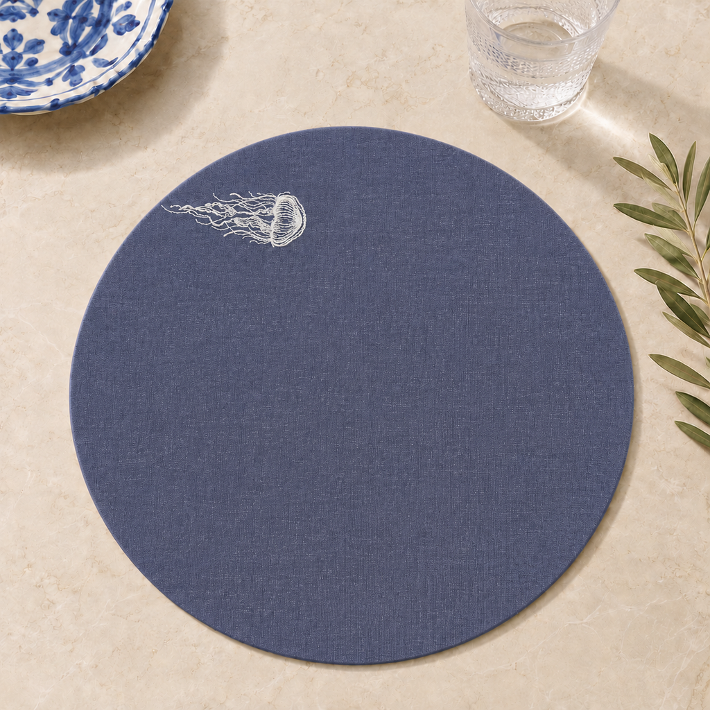 Blue resin-coated linen round placemat with off-white jellyfish embroidery by MI RE LA