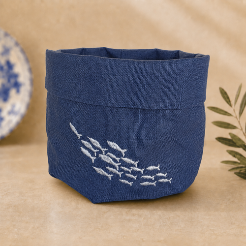 Blue resin-coated linen basket with off-white sardine embroidery by MI RE LA