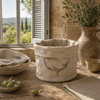 Oatmeal stone resin-coated linen basket with lavender sage embroidery by MI RE LA