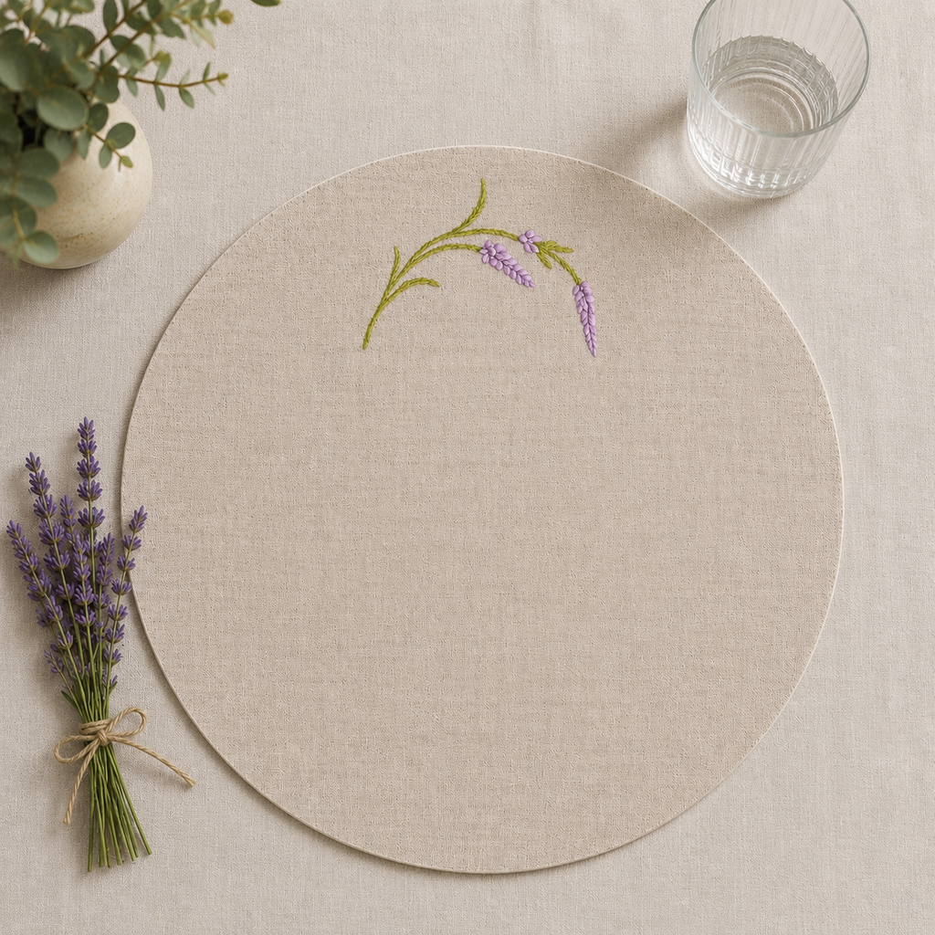 Oatmeal stone resin-coated linen round placemats with Lavender Sage embroidery by MI RE LA