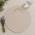 Oatmeal stone resin-coated linen round placemats with Lavender Sage embroidery by MI RE LA