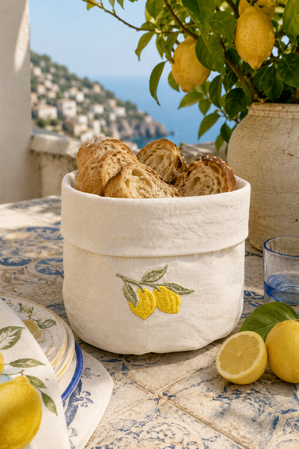 White bread basket with lemon design on a table with lemons and a scenic background