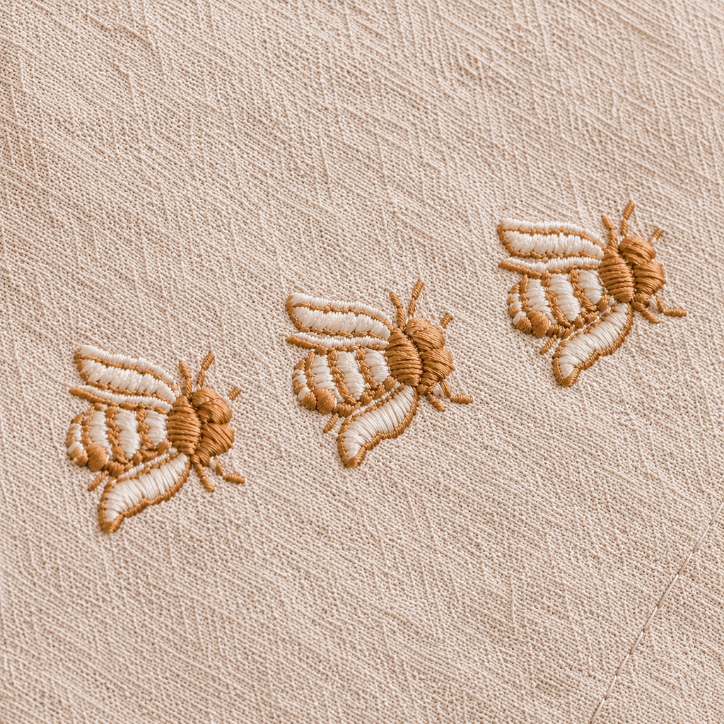 Three embroidered bees on a beige fabric background