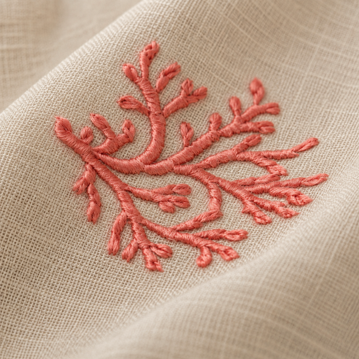 Orange coral embroidery on Oatmeal Stone linen