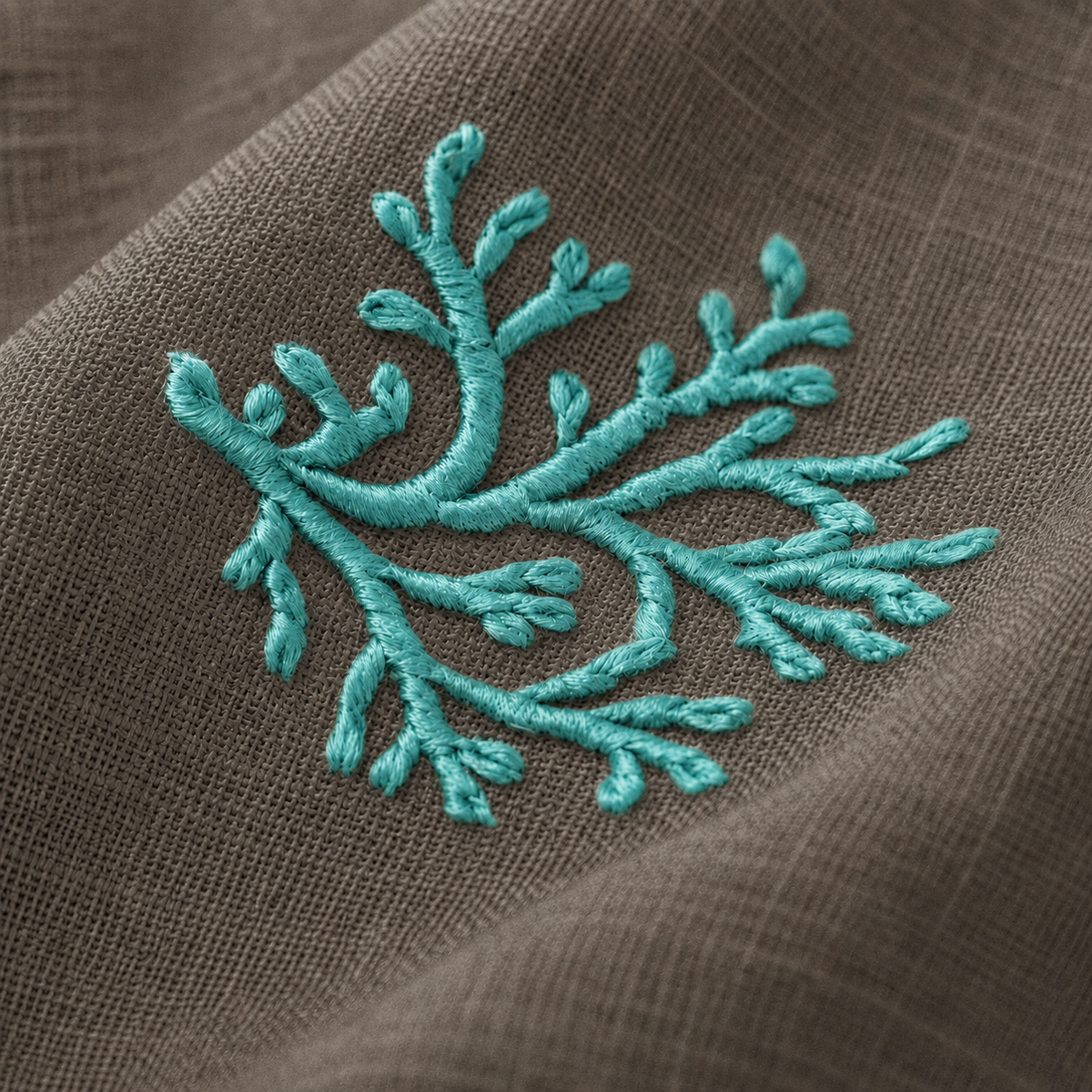 Aqua coral embroidery on Dark Taupe linen