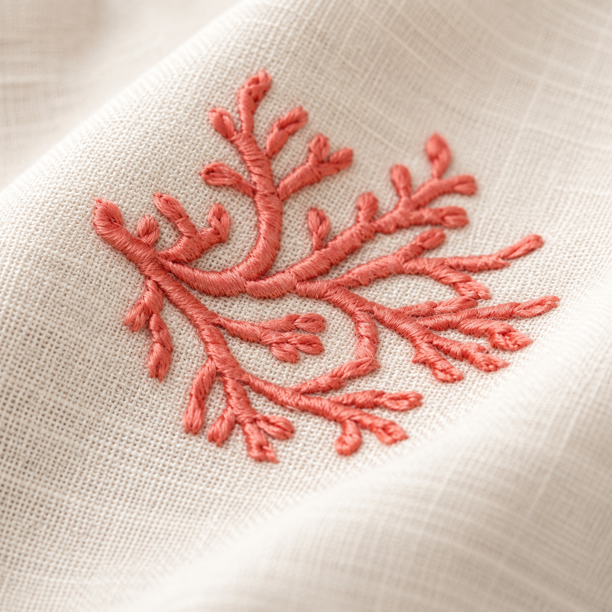 Orange coral embroidery on Off-White linen