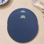 Two round navy blue coasters stacked on a beige stone surface, each printed with a small white crab motif near the top edge. MI RE LA