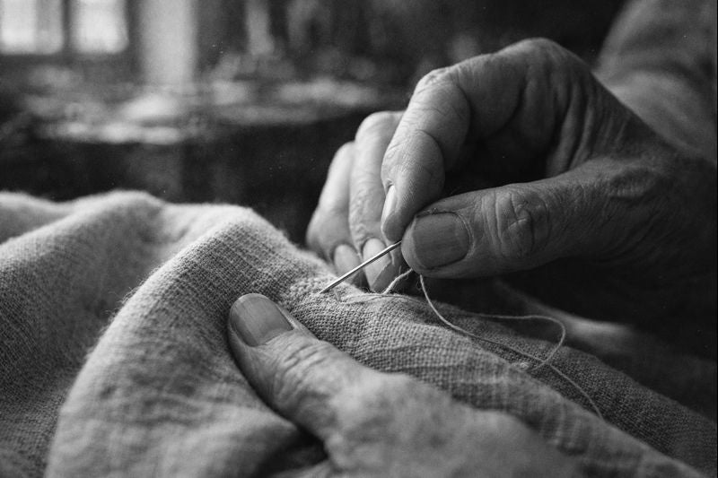 Close-up of hands sewing fabric with a needle and thread.