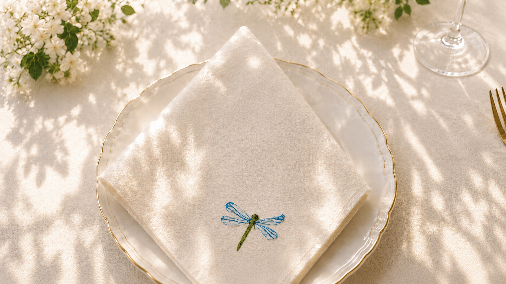 Napkin with a dragonfly design on a white tablecloth with a glass and flowers in the background Mi Re La