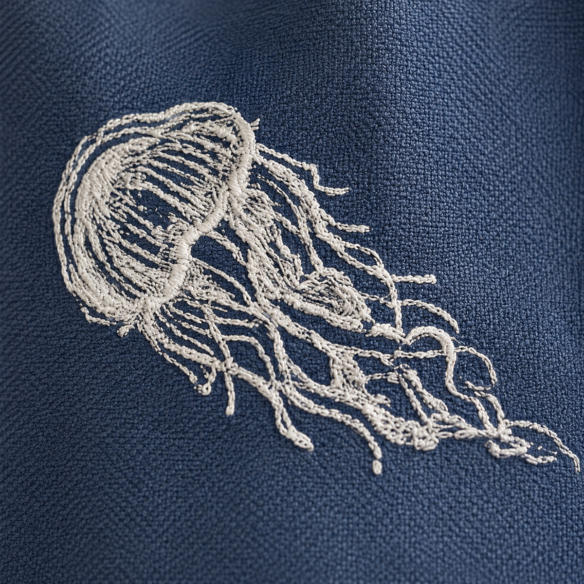 Off-White jellyfish embroidery on Mediterranean Blue linen