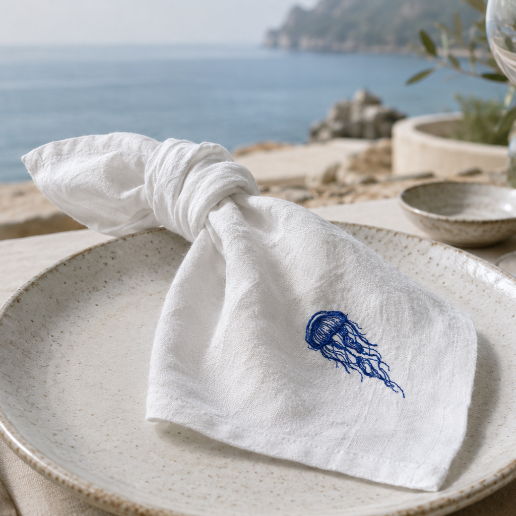 A white linen napkin tied around a plate, featuring a blue embroidered jellyfish design, set against a blurred coastal background. MI RE LA