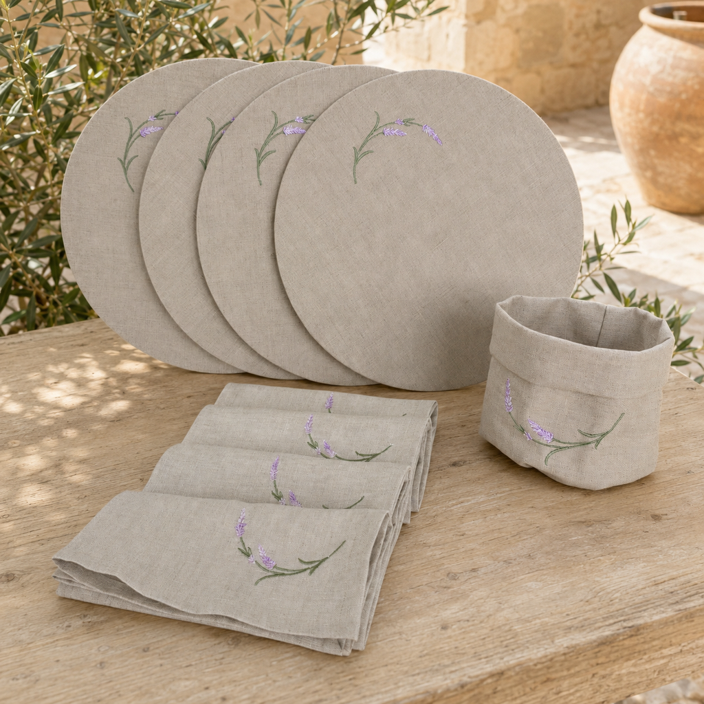 A coordinated linen tableware set displayed outdoors on a wooden surface, including four round placemats, folded napkins, and a small cup or bowl. The items are a light warm beige with embroidered green stems and small purple flowers.
