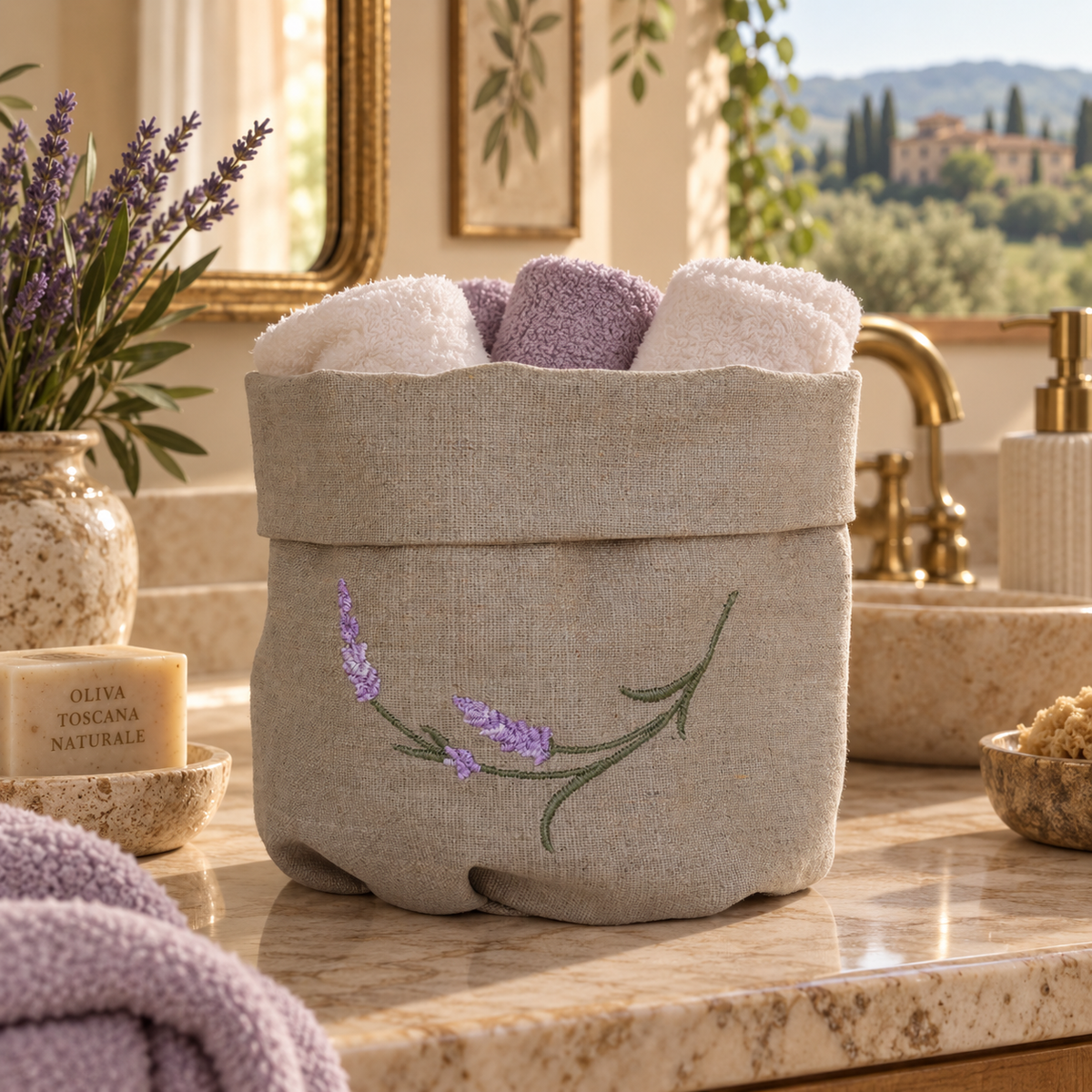 Cesta Toscana Lavanda en piedra avena