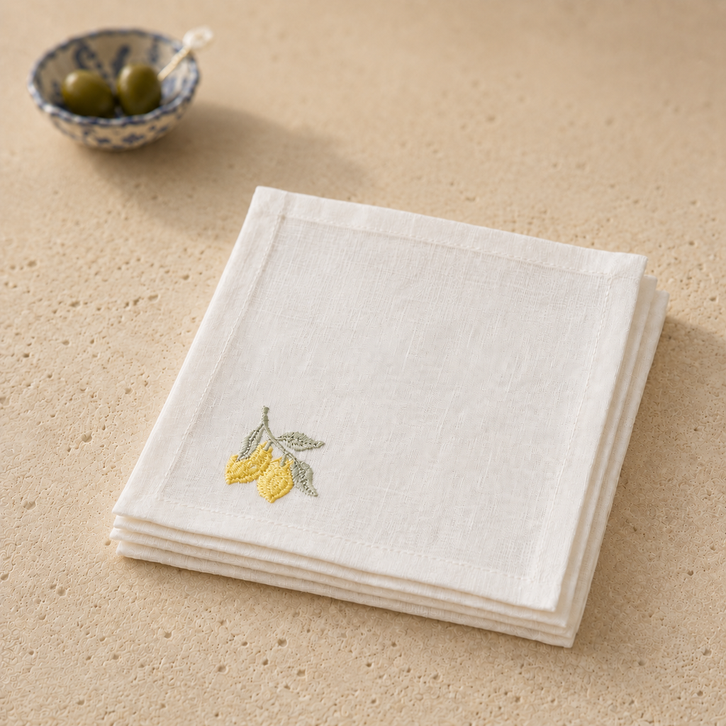 Off-white classic linen cocktail napkin with yellow lemon embroidery by MI RE LA