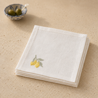 Off-white classic linen cocktail napkin with yellow lemon embroidery by MI RE LA