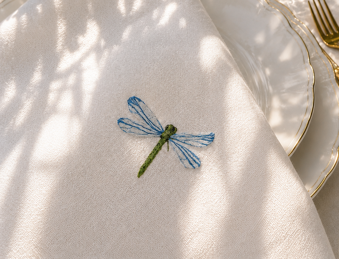Green and blue Dragonfly embroidery on Off-White linen