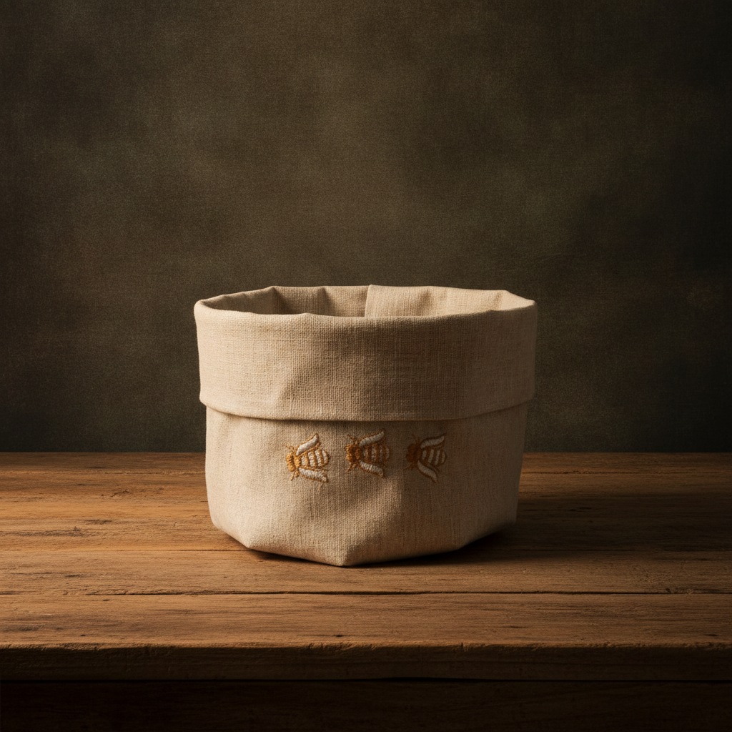 A natural linen storage basket with three embroidered bees on the front, sitting on a rustic wooden table against a dark textured background. MI RE LA