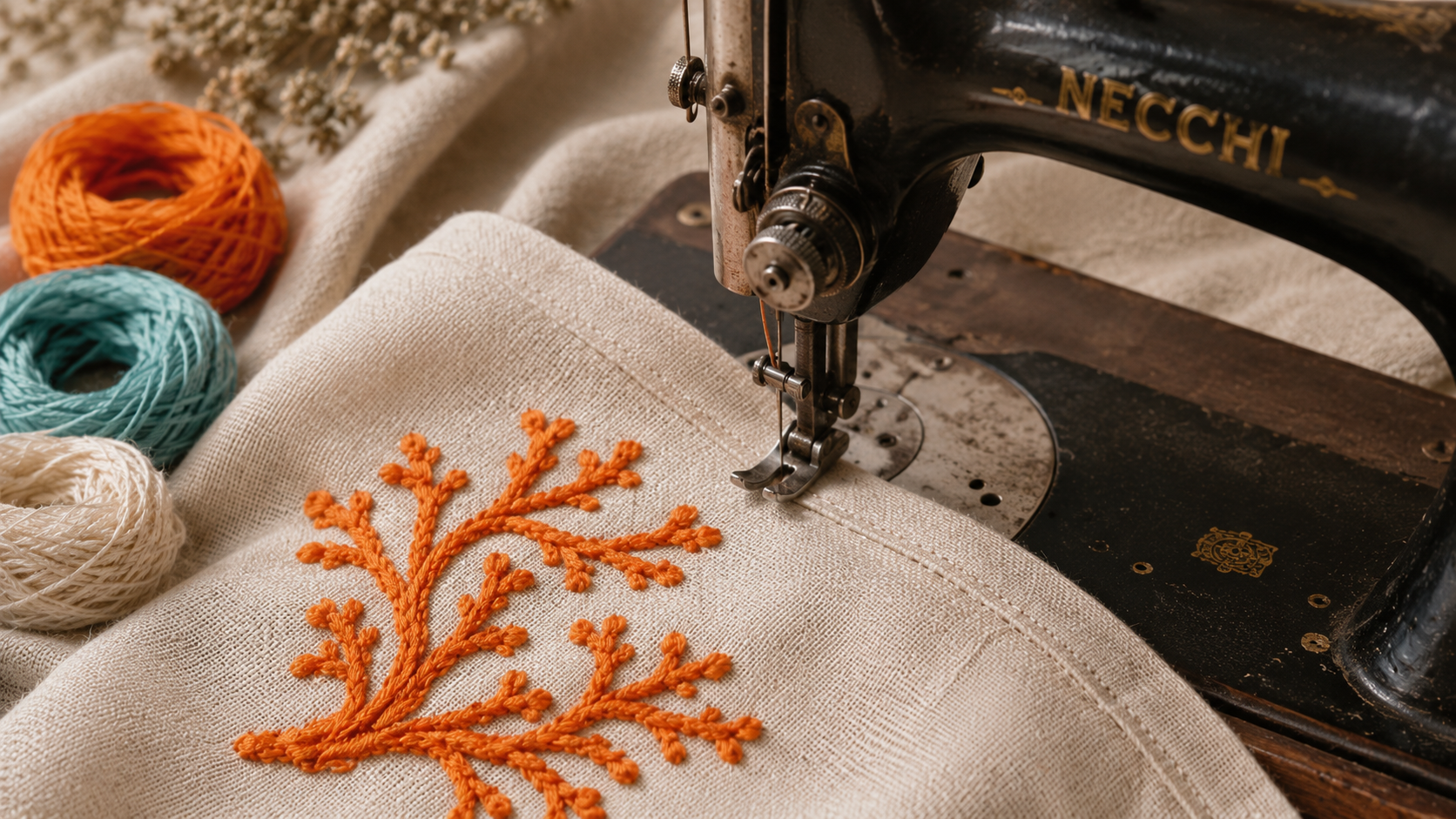 Vintage sewing machine with orange embroidery on beige fabric and spools of thread.
