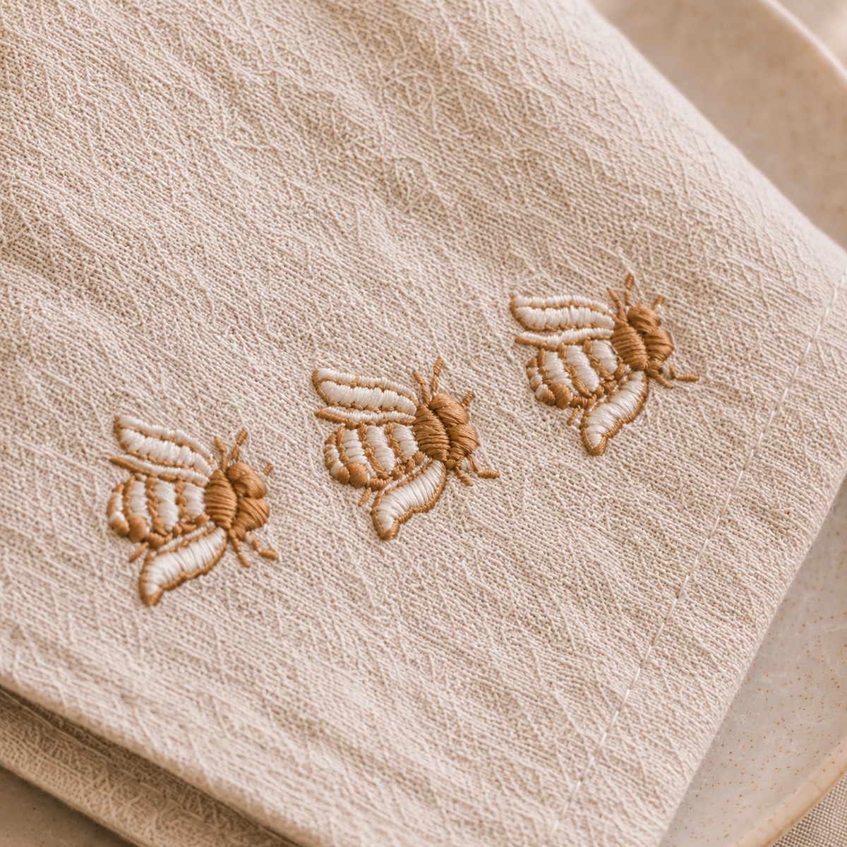 Brown Tuscan Bee embroidery on Oatmeal Stone linen