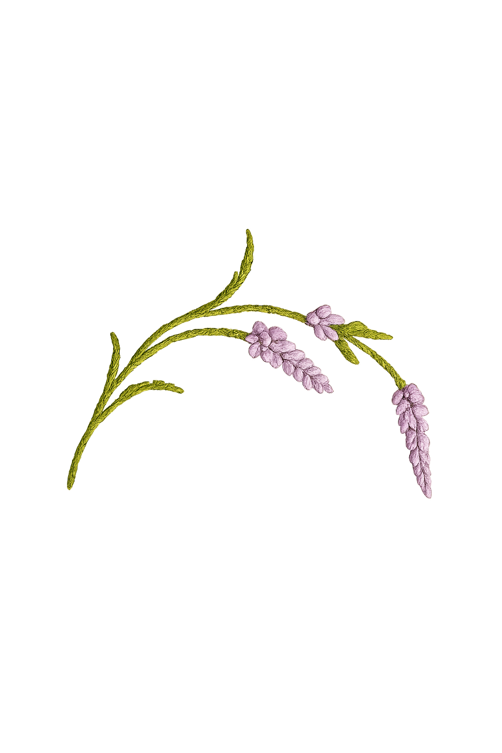 Embroidered design of a branch with pink flowers on a white background