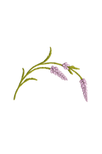 Embroidered design of a branch with pink flowers on a white background