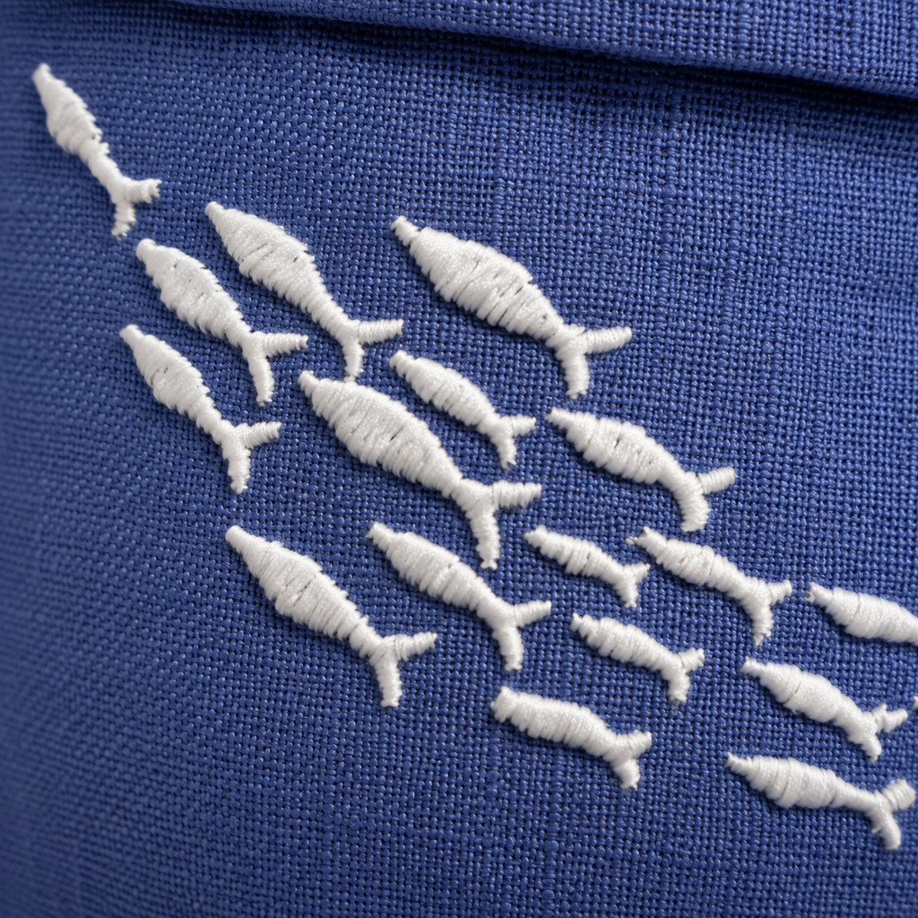 White fish embroidery on blue fabric