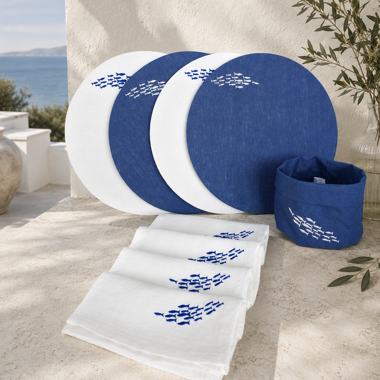 Amalfi Sardines Two-Tone Complete Set with Blue Mediterrean Basket