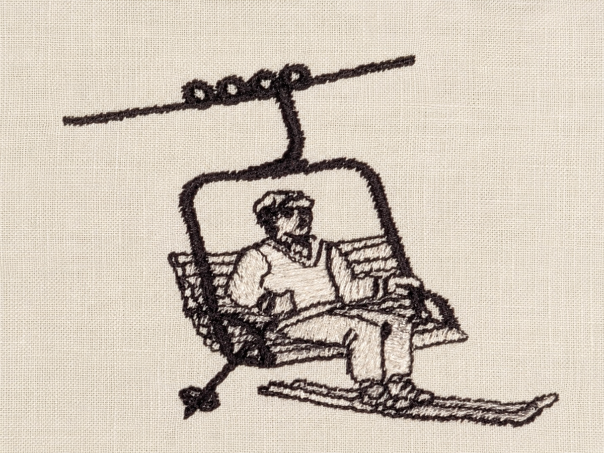 Vintage skier on a single-seat chairlift, embroidery design for the Collezione Cortina cocktail napkins by MI RE LA