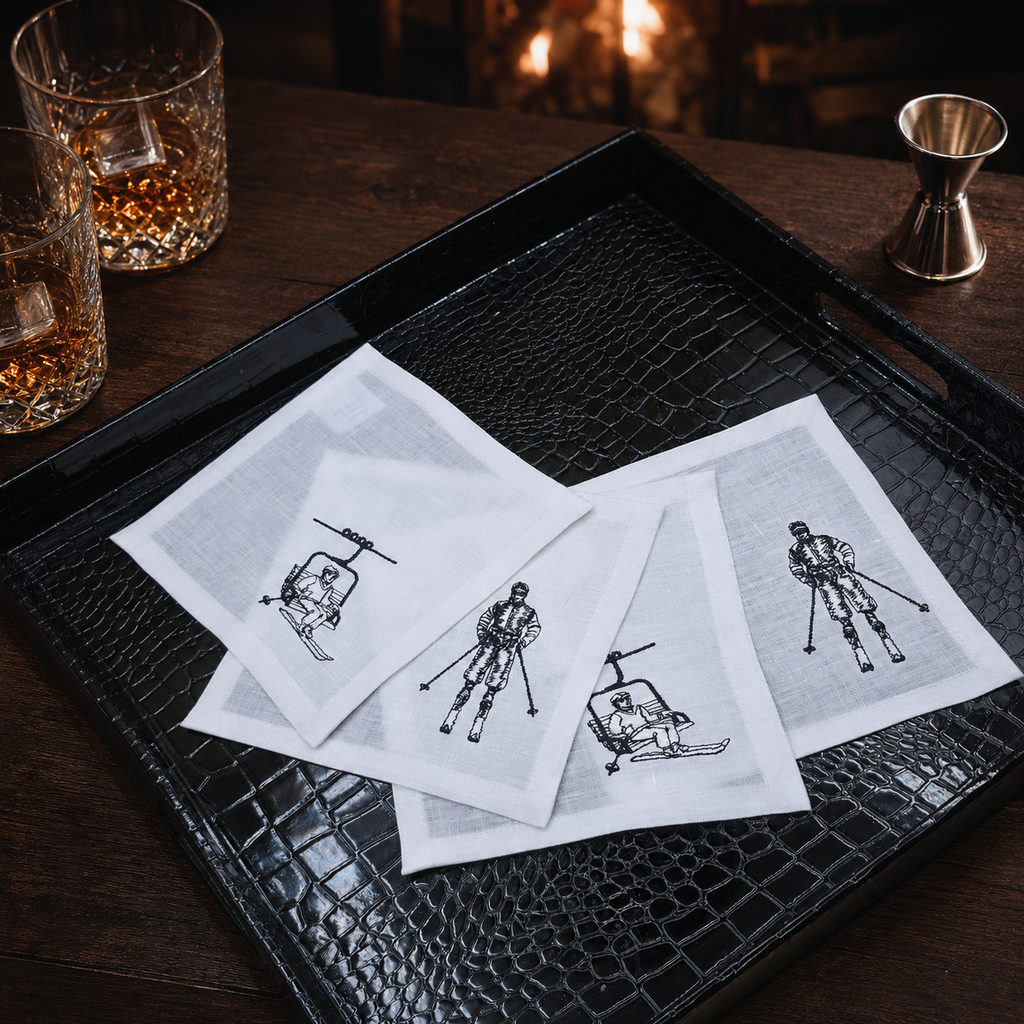 Tovaglioli da cocktail Cortina con sciatore color bianco panna — set da 4 pezzi