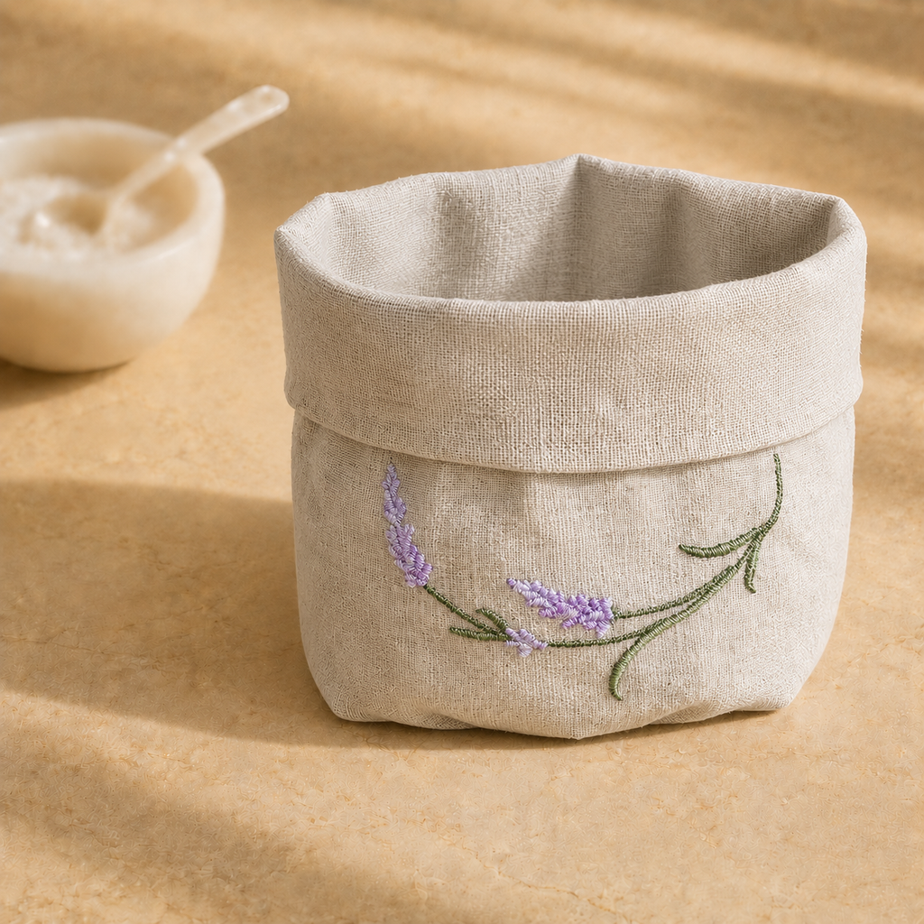 Oatmeal stone resin-coated linen basket with lavender sage embroidery by MI RE LA