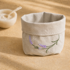 Oatmeal stone resin-coated linen basket with lavender sage embroidery by MI RE LA