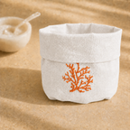 Off-white resin-coated linen basket with orange coral embroidery by MI RE LA