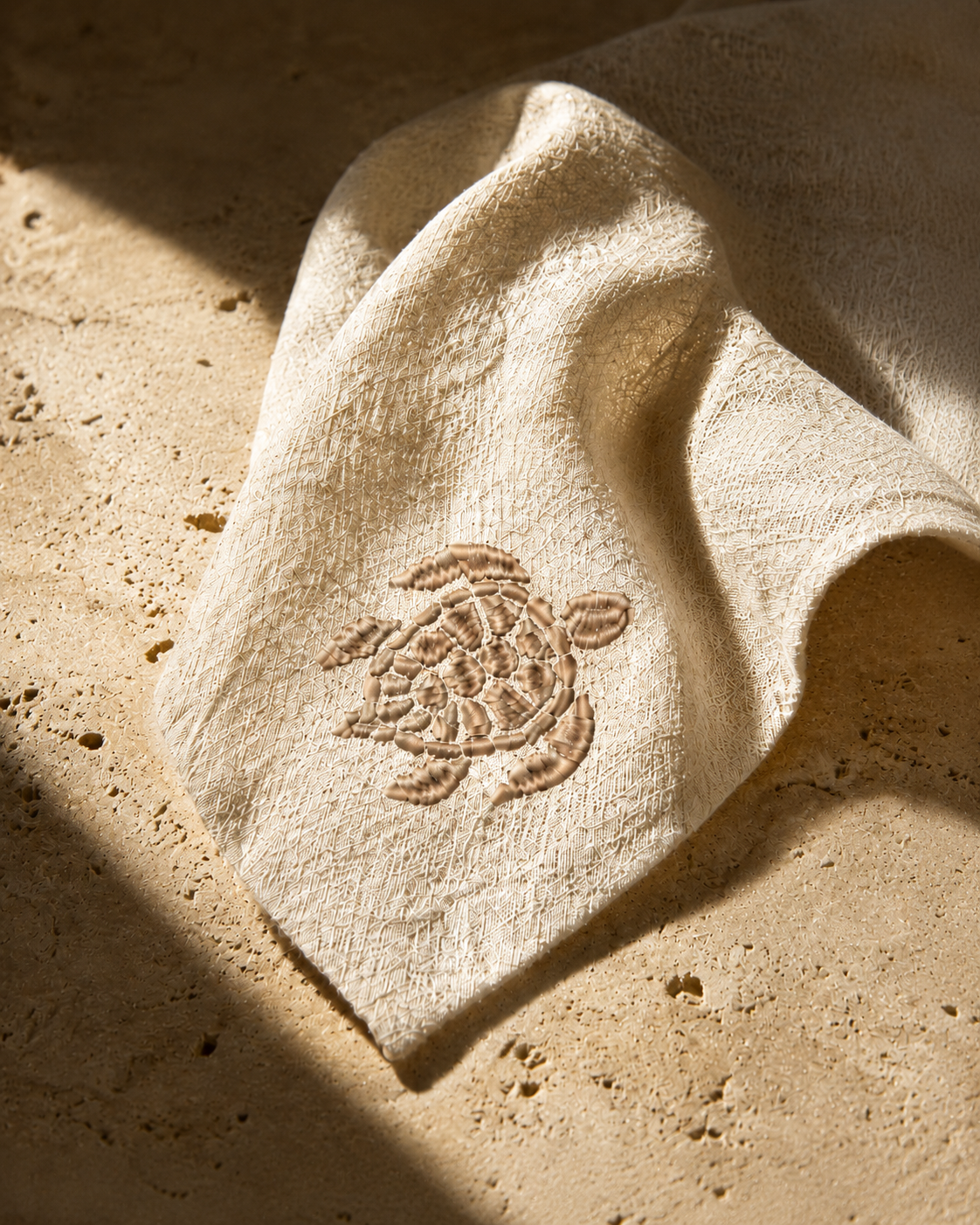 Off-White sea turtle embroidery on Dark Taupe linen