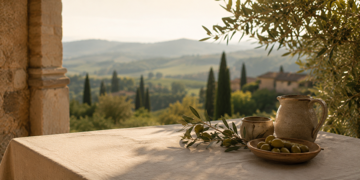 Tuscan landscape and table atmosphere behind Collezione Toscana