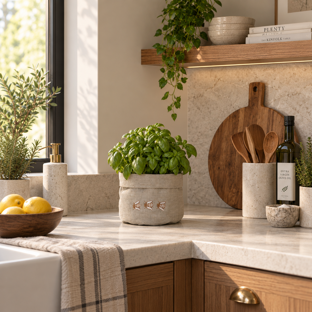A small potted basil plant in a textured beige planter sits on a light stone kitchen countertop, surrounded by kitchen props including lemons, a cutting board, utensils, and a wine bottle.