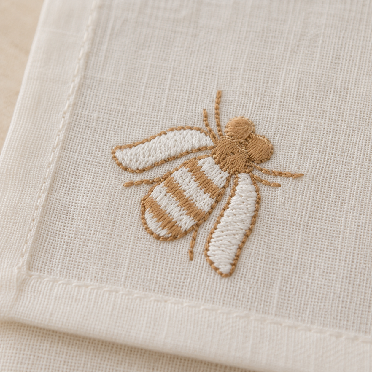 Embroidered bee design on a beige fabric background