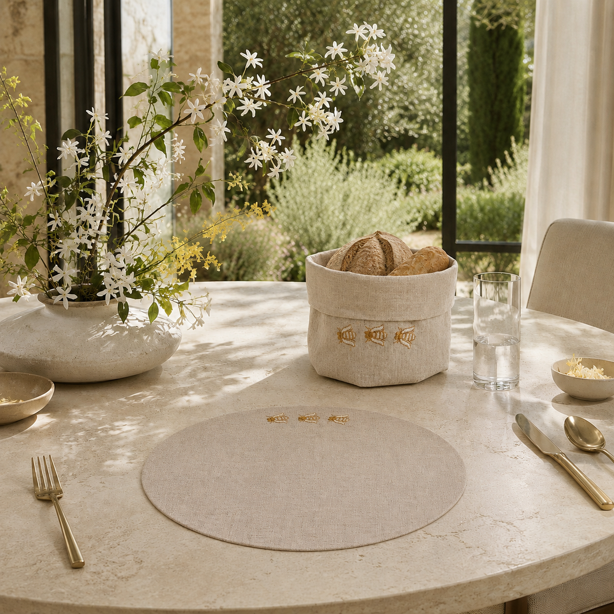 A styled dining table in a bright interior with a round beige placemat, gold cutlery, a glass of water, bread in a basket, and a large vase of white flowers by tall windows.