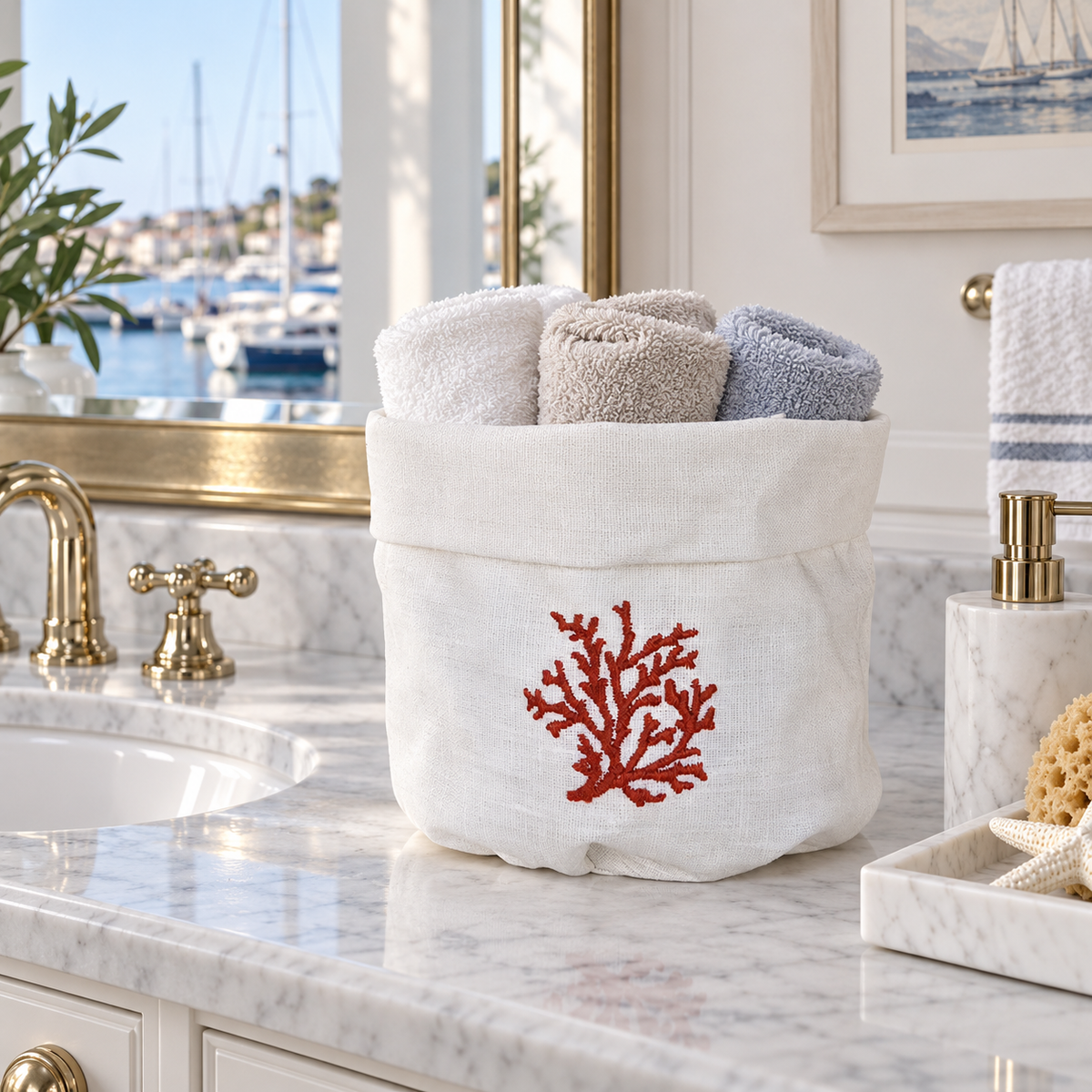 Cesta Toscana Coral en blanco roto
