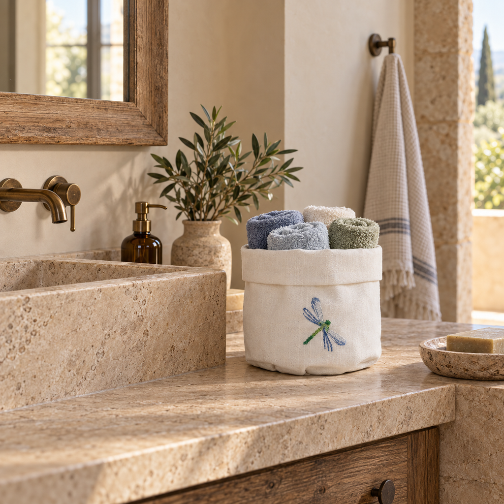 A off white coated linen basket storage basket with a blue dragonfly embroidery sits on a beige stone countertop in a bathroom setting, holding folded towels in blue, gray, and green.