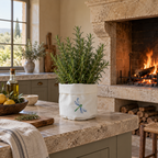A green rosemary plant in a offwhite coated linen basketwith a blue dragonfly embroidery, sitting on a stone kitchen island in front of a warm fireplace. MI RE LA