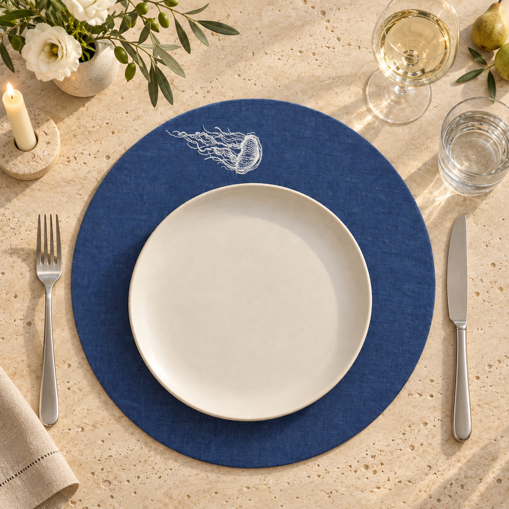 A styled table setting featuring a navy blue round placemat with a white jellyfish illustration, layered with a white ceramic plate, silver flatware, and dining glassware on a textured beige tablecloth.
