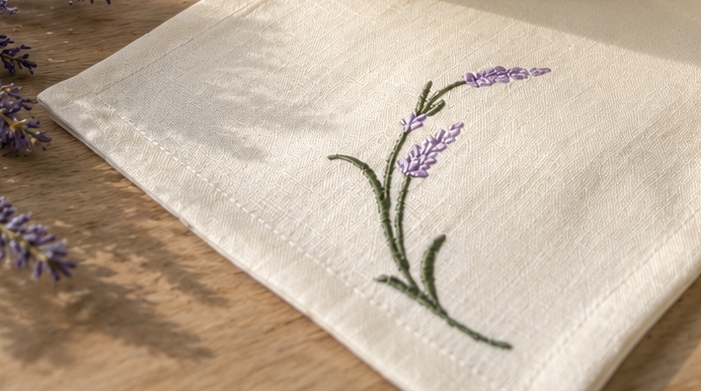 Purple and sage Lavender embroidery on Oatmeal Stone linen