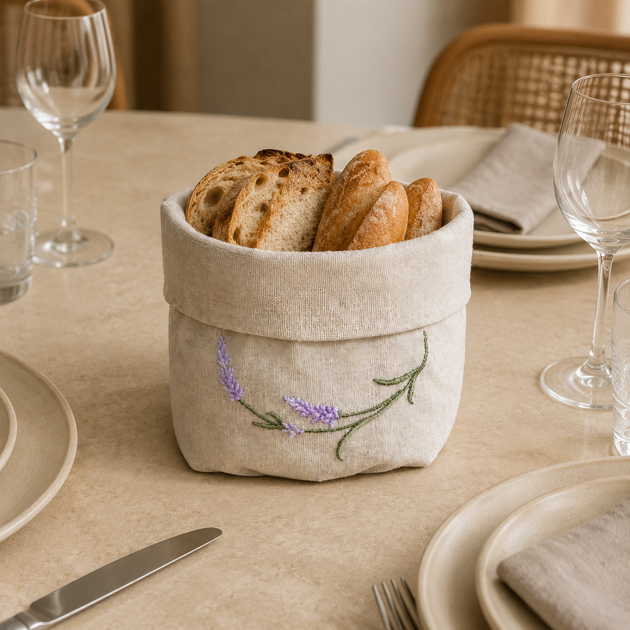 Coated linen bread basket with lavender embroidery on oatmeal stone, holding rolls