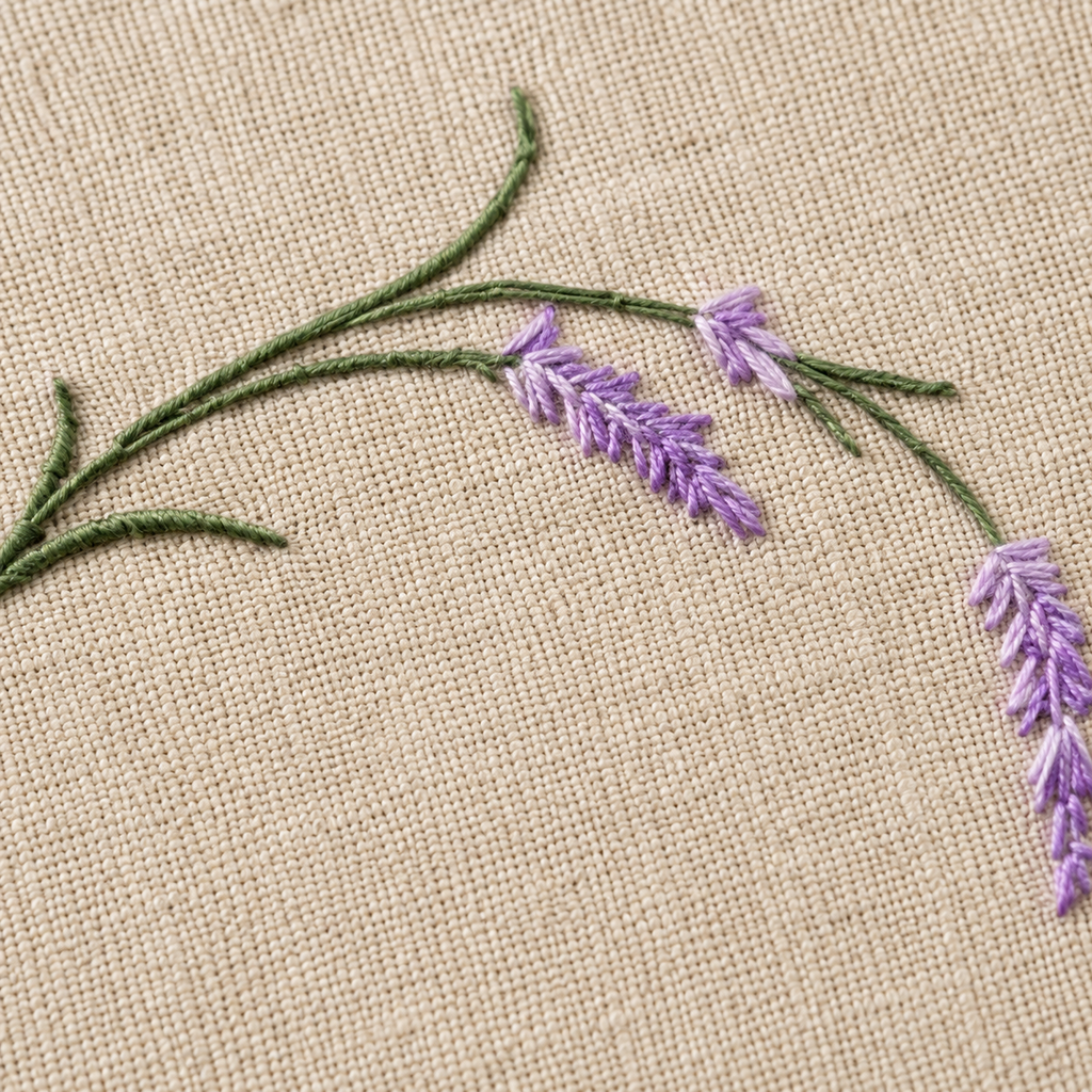 Embroidered lavender flowers on beige fabric