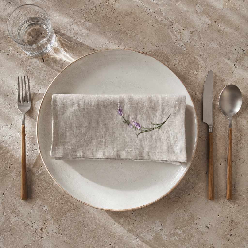 A styled flat-lay of a beige linen napkin with a small embroidered purple and green floral motif, folded on a round off-white ceramic plate. The setting includes a fork with a wooden handle on the left, a knife and a spoon with matching wooden handles on the right, and a glass of water on a textured beige stone surface. MI RE LA