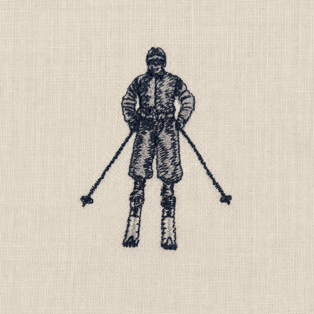 Vintage skier embroidery design for the Collezione Cortina cocktail napkins by MI RE LA